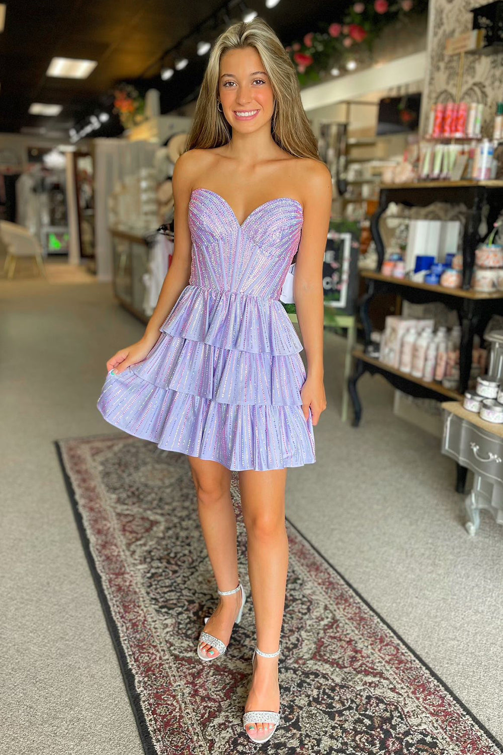 Lilac Pink Homecoming Dresses A Line Corset Strapless Tiered Short Cocktail Dresses