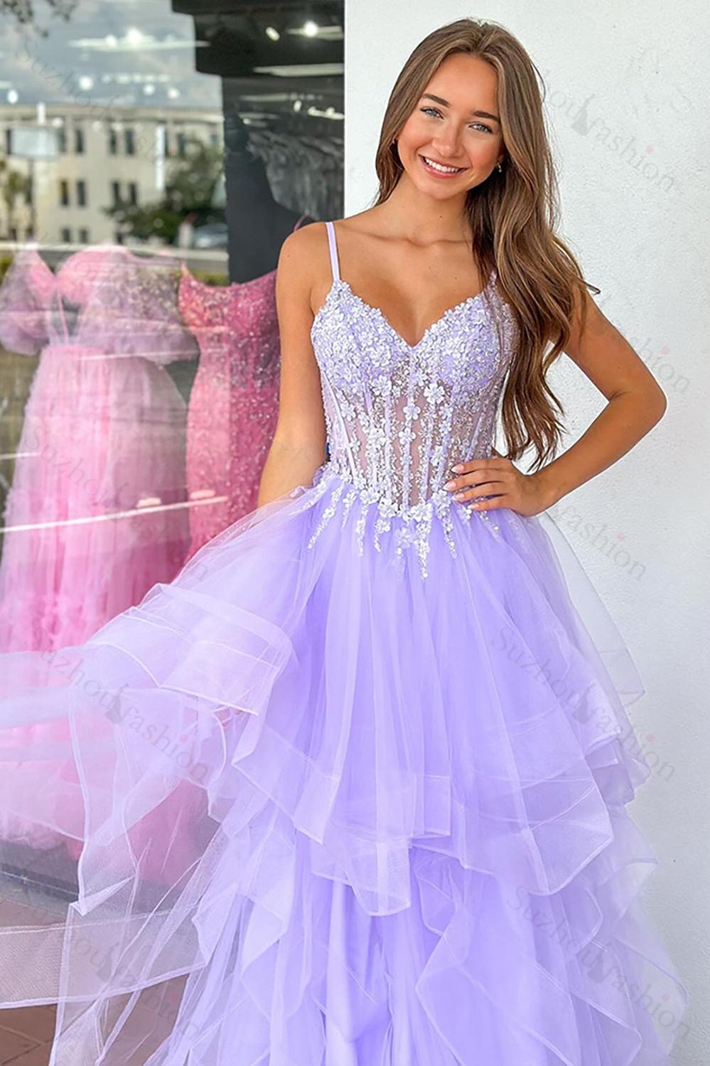 Lilac Prom Dress Floral Corset Ruffled Tiered Long Pageant Dress