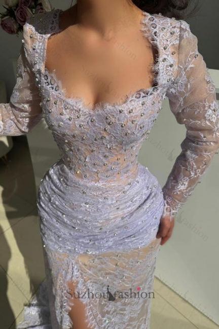 Lilac Prom Dress Mermaid Square Lace Beaded Sleeves Formal Dress With Slit
