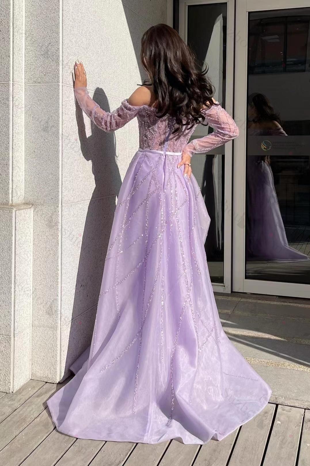 Lilac Prom Dress Off the Shoulder Long Sleeves Tulle Evening Formal Dress Mermaid With Beadings