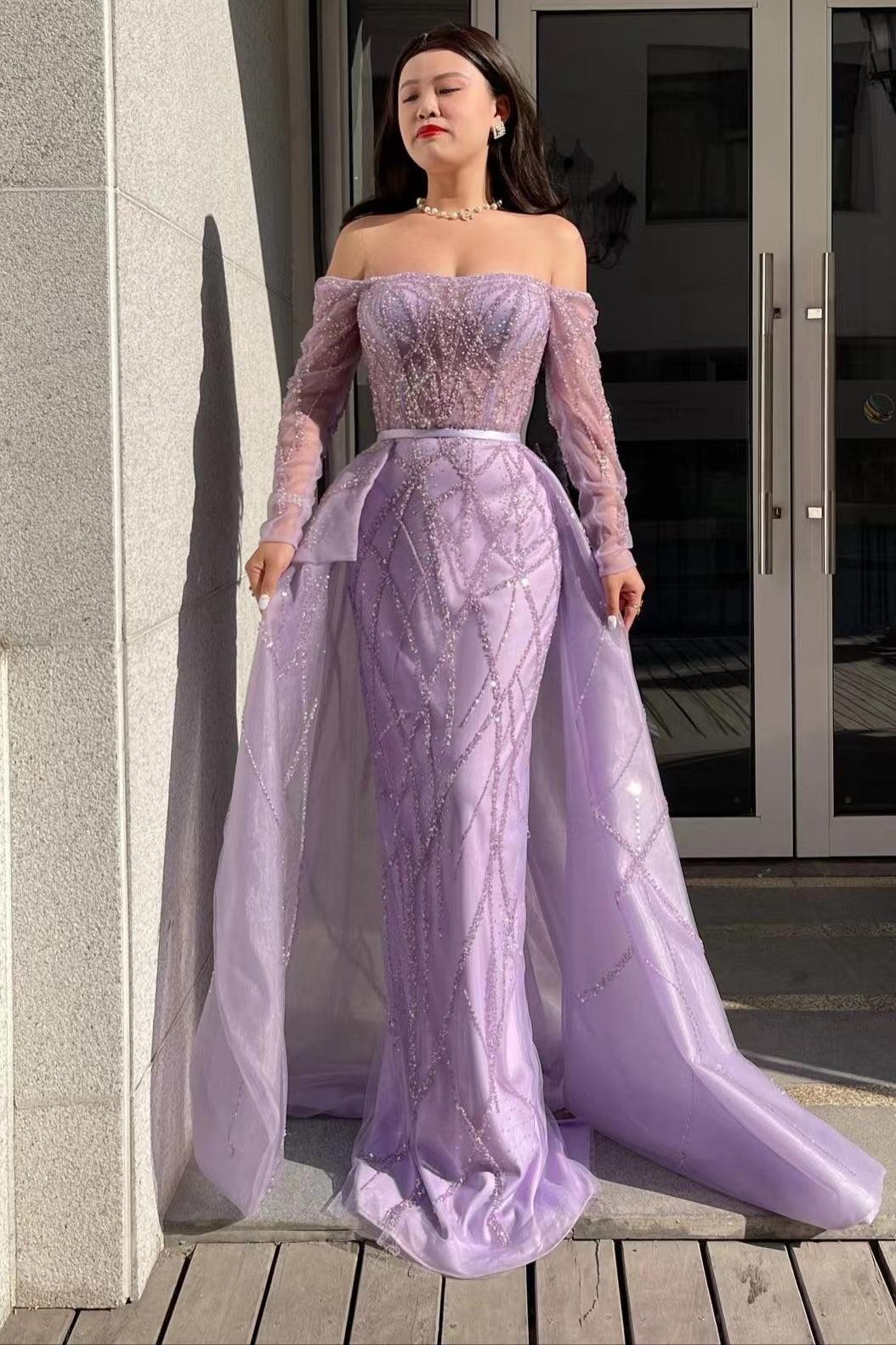 Lilac Prom Dress Off the Shoulder Long Sleeves Tulle Evening Formal Dress Mermaid With Beadings