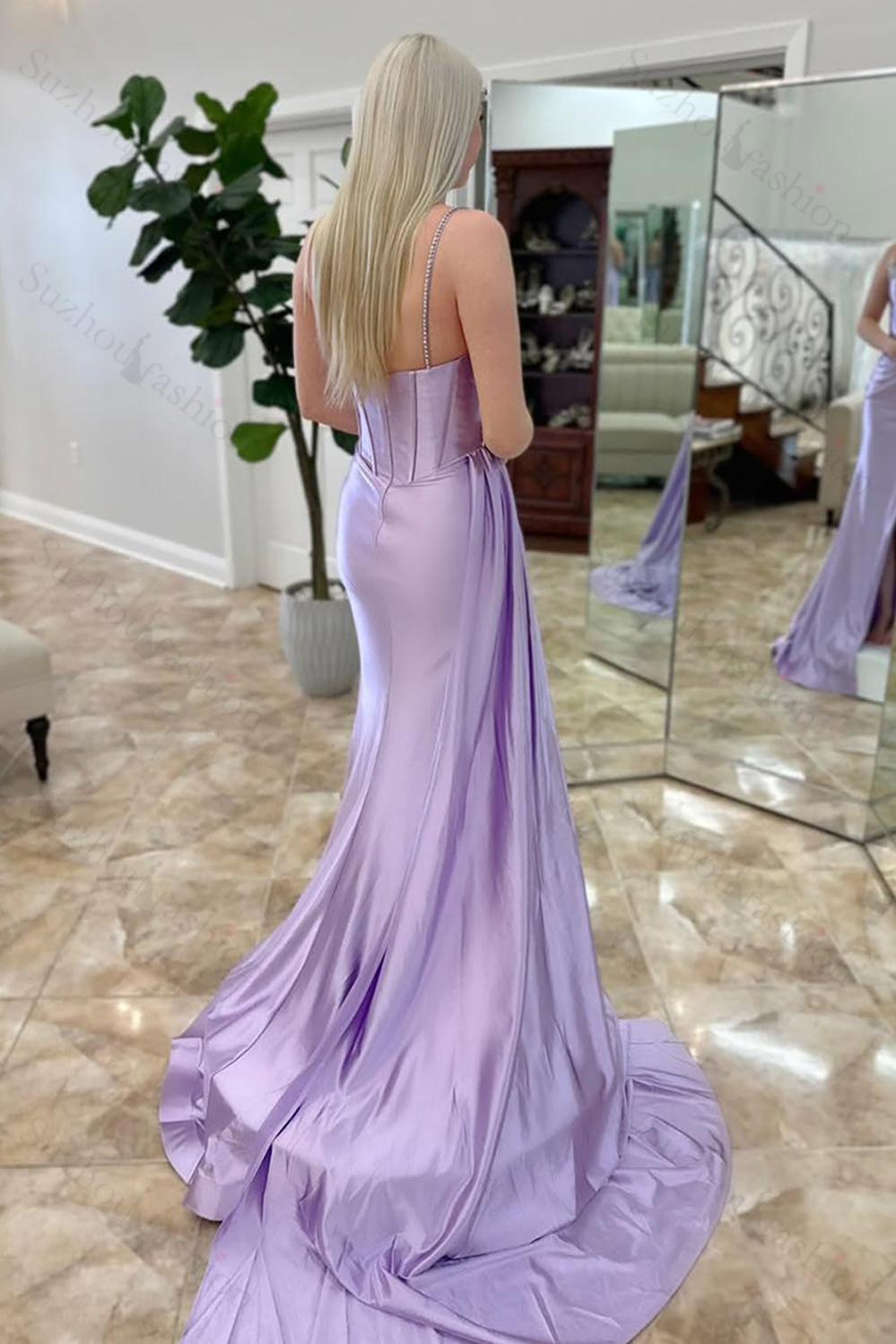 Lilac Prom Dress Satin Corset Side Cape Long Formal Dress With Slit