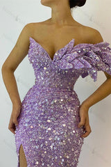 Lilac Prom Dress Sequined Off the Shoulder Mermaid Evening Formal Dress With Split