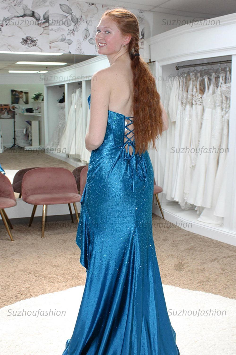 Hot Pink Beaded Prom Dress Corset Ruffled Strapless Formal Dress With Slit
