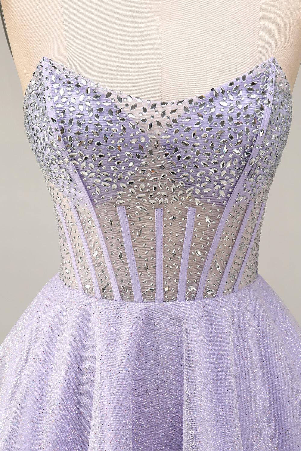 Lilac Sequin Strapless A-Line Corset Short Homecoming Dress with Beading
