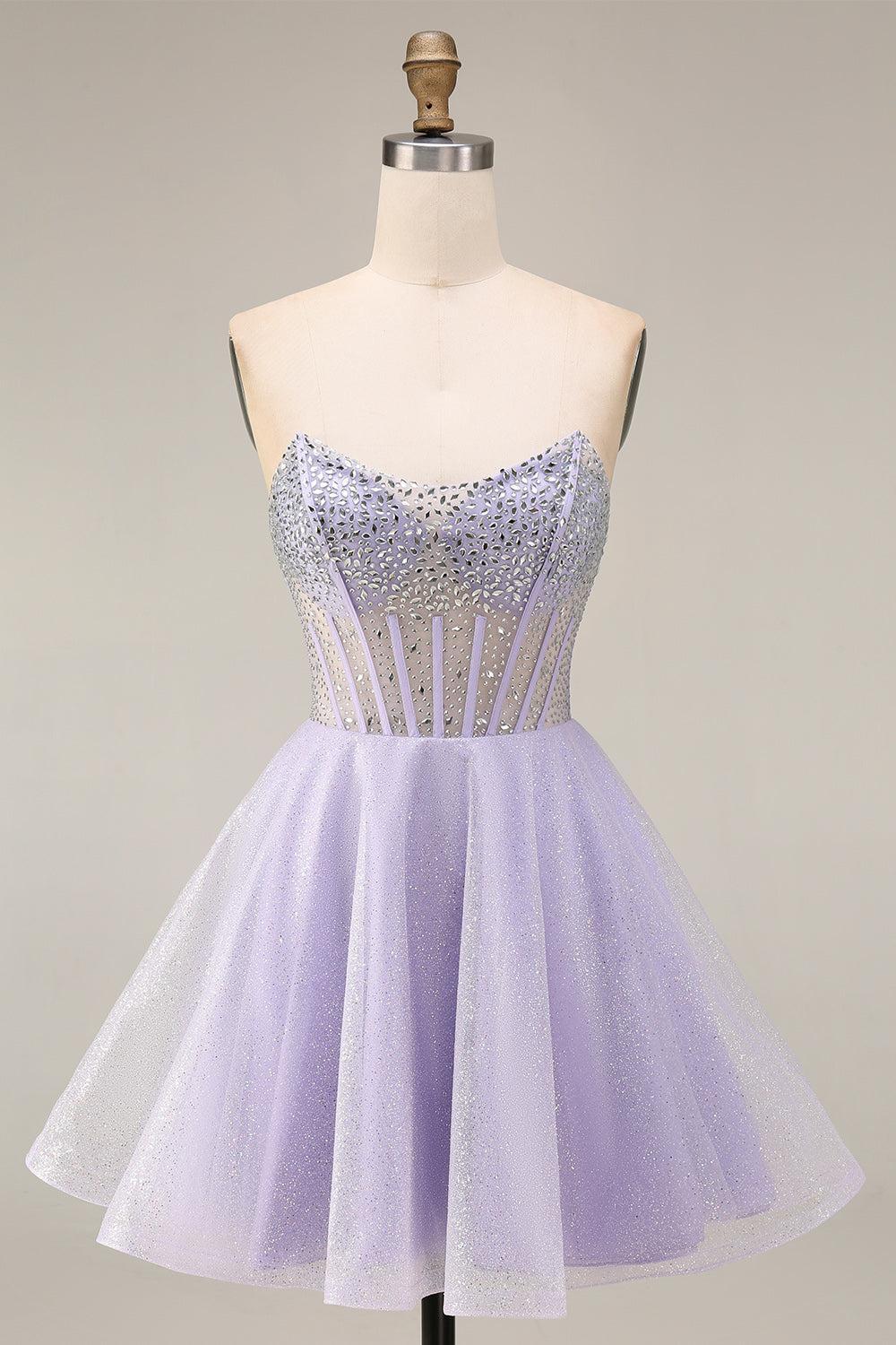 Lilac Sequin Strapless A-Line Corset Short Homecoming Dress with Beading