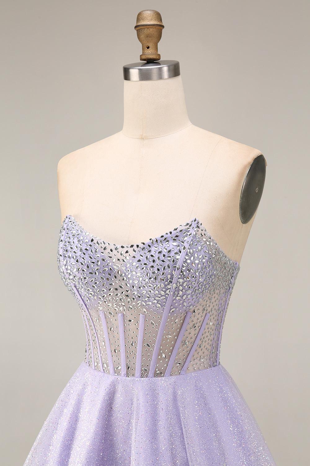 Lilac Sequin Strapless A-Line Corset Short Homecoming Dress with Beading