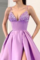 Lilac Spaghetti-Straps Sleeveless Evening Prom Dresses Split Long With Sequins