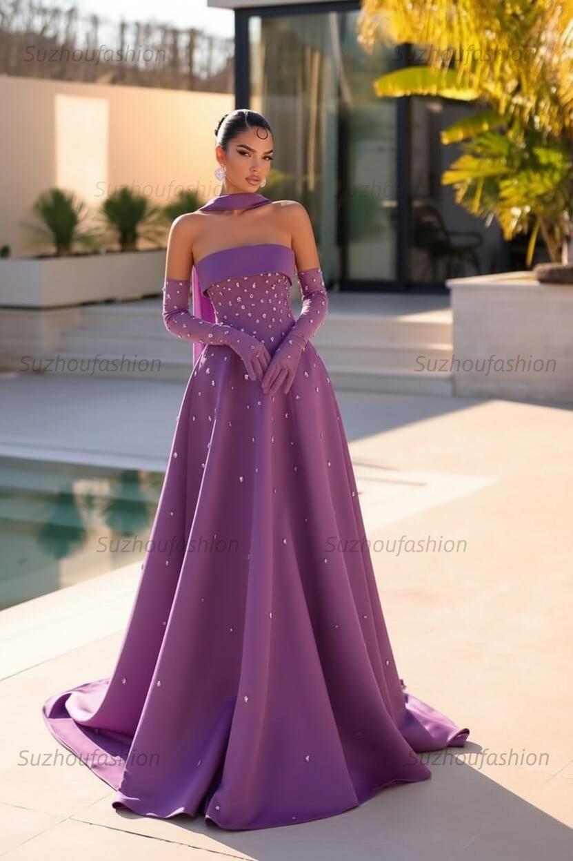 Strapless Formal Dress Light Blue Beaded A Line Prom Evening Dress