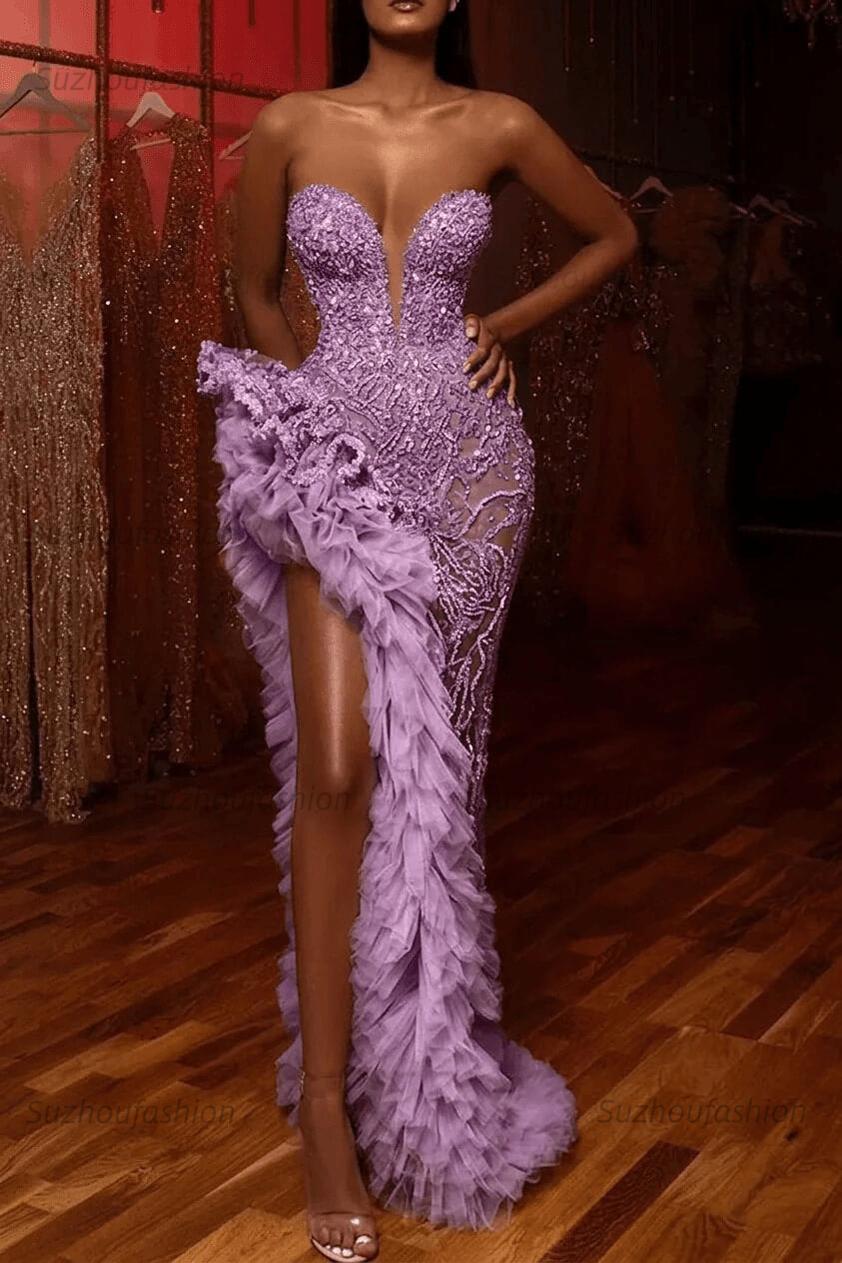 Suzhoufashion Mermaid Prom Dress Beading Sleeveless Long Split Evening Dress  With Ruffles – suzhoufashion