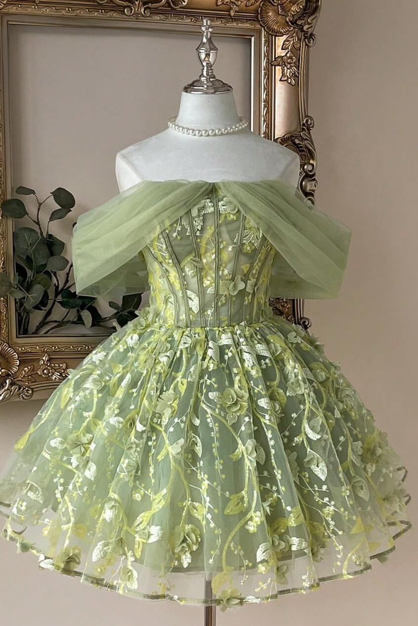 Lime Green Off-Shoulder Corset Mini Homecoming Dress Golden Floral Vine Embroidery
