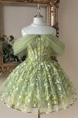 Lime Green Off-Shoulder Corset Mini Homecoming Dress Golden Floral Vine Embroidery