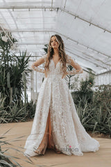 Long A Line Unique V Neck Long Sleeves Appliques Beach Bridal Gown With Slit
