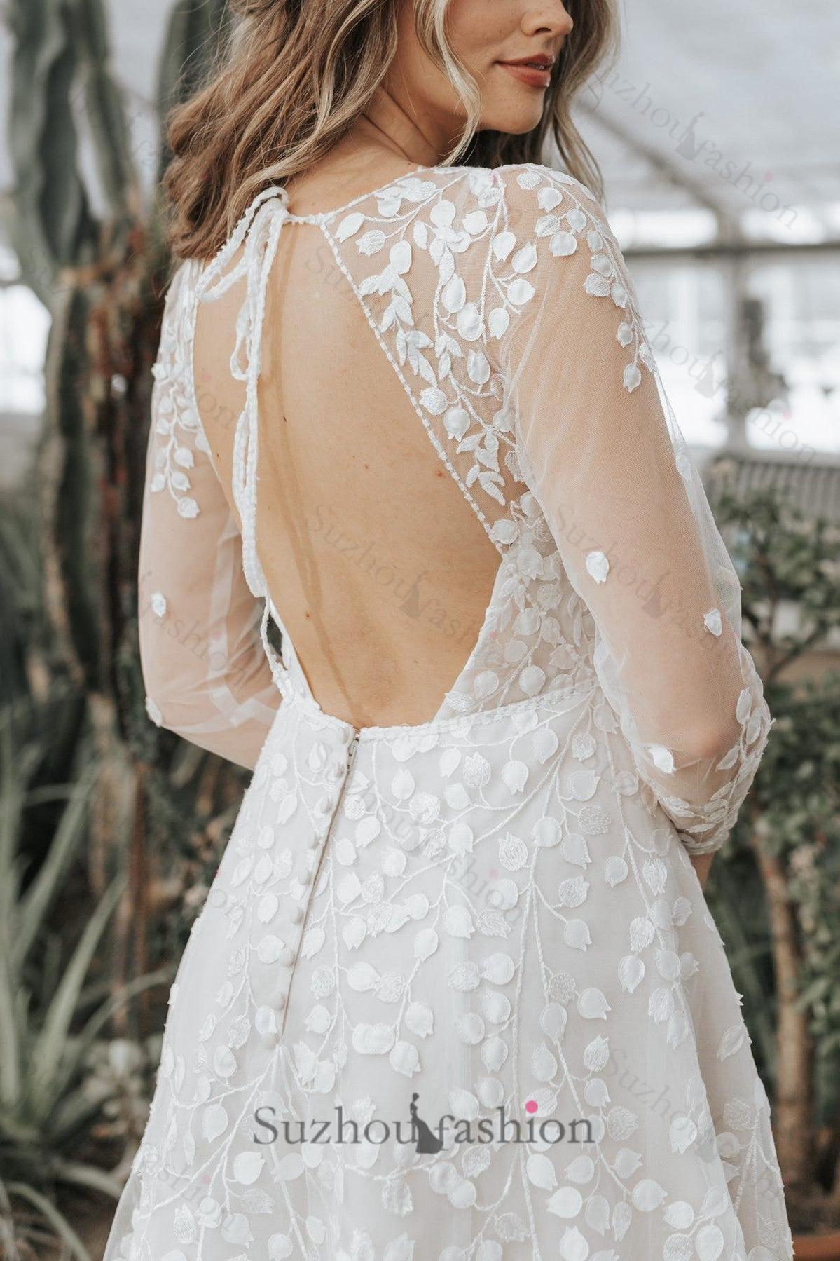 Long A Line Unique V Neck Long Sleeves Appliques Beach Bridal Gown With Slit