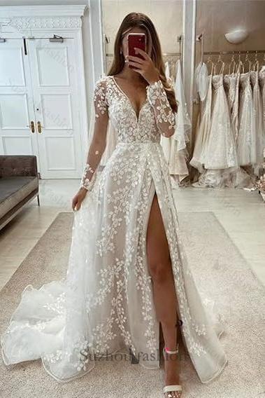 Long A Line Unique V Neck Long Sleeves Appliques Beach Bridal Gown With Slit