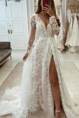 Long A Line Unique V Neck Long Sleeves Appliques Beach Bridal Gown With Slit