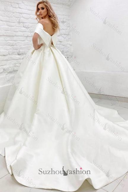 Long A Line Wedding Dress Off The Shoulder Ivory Sleeveless Bridal Gown