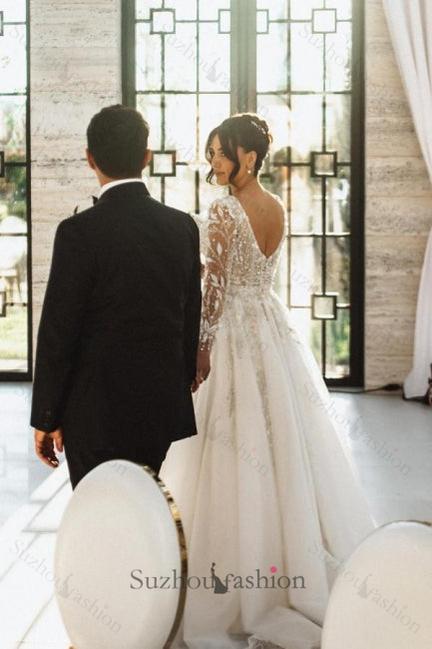 Long A Line Wedding Dress V Neck Lace Bridal Gown With Long Sleeves