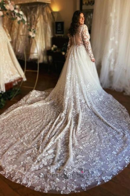 Long A Line Wedding Dress V Neck Long Sleeves Lace Bridal Gown With Train