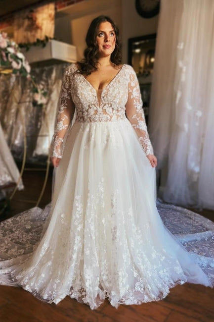 Long A Line Wedding Dress V Neck Long Sleeves Lace Bridal Gown With Train