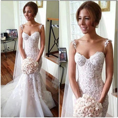 Long Applique Sleeveless Mermaid Spaghetti-Strap Tulle Wedding Dresses