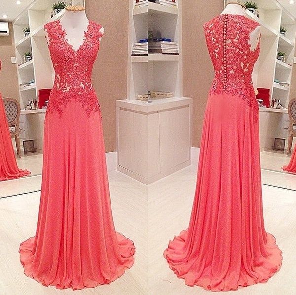 Long Chiffon Lace Prom Dresses Sleevelss V-neck Evening Gowns