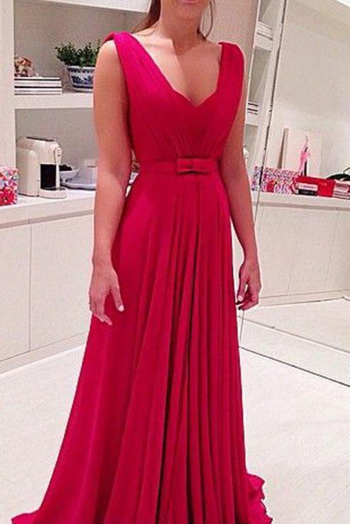 Long Chiffon Red Evening Dresses Bowknot Sleeveless V-neck Prom Dresses