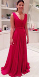 Long Chiffon Red Evening Dresses Bowknot Sleeveless V-neck Prom Dresses