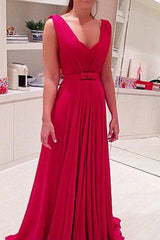 Long Chiffon Red Evening Dresses Bowknot Sleeveless V-neck Prom Dresses