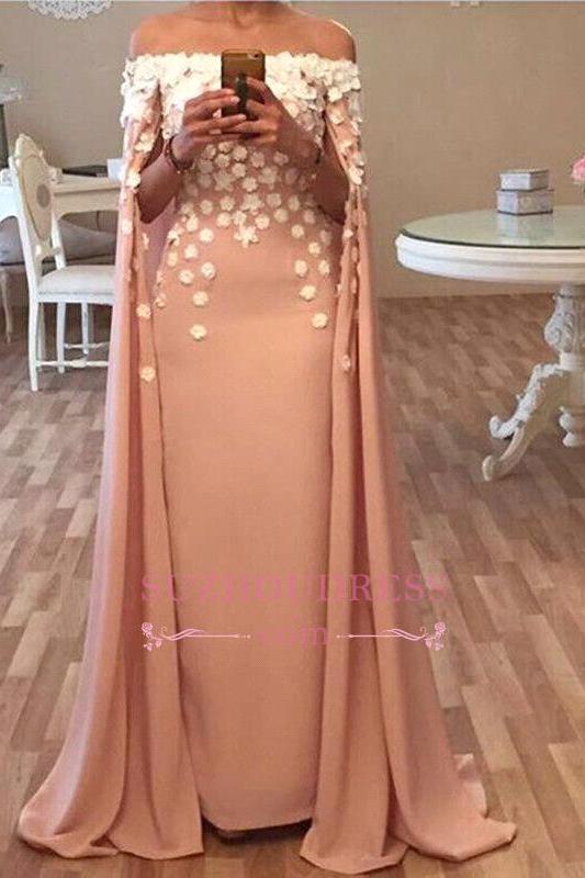 Long Floor Length Designer Cape Evening Dresses Appliques Flowers Glamorous Prom Dress