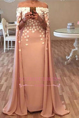Long Floor Length Designer Cape Evening Dresses Appliques Flowers Glamorous Prom Dress