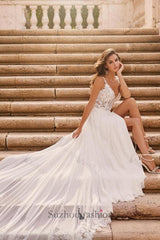 Long Ivory A Line Beach Wedding Dress Spaghetti Straps V Neck Lace Bridal Gown With Slit