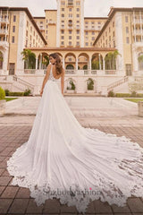 Long Ivory A Line Beach Wedding Dress Spaghetti Straps V Neck Lace Bridal Gown With Slit