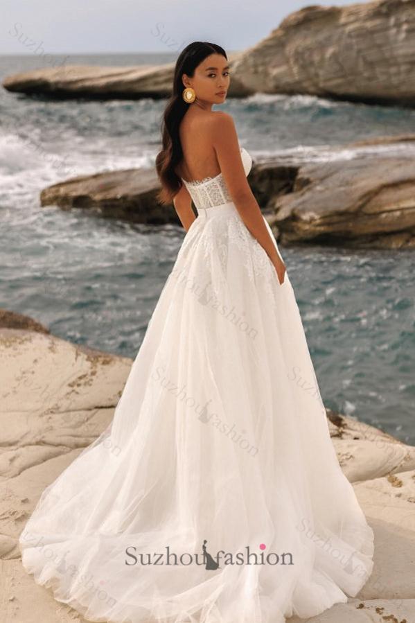 Long Ivory A Line Beach Wedding Dress Strapless Appliques Tulle Bridal Gown
