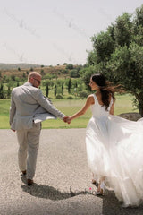 Long Ivory A Line Beach Wedding Dress Straps Tulle Sleeveless Bridal Gown With Slit