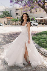 Long Ivory A Line Beach Wedding Dress Straps Tulle Sleeveless Bridal Gown With Slit