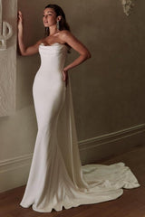 Long Ivory Beach Wedding Dress Mermaid Strapless Satin Bridal Gown With Lace