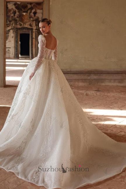 Long Ivory Wedding Dress A Line Square Neck Lace Beading Bridal Gown With Long Sleeves