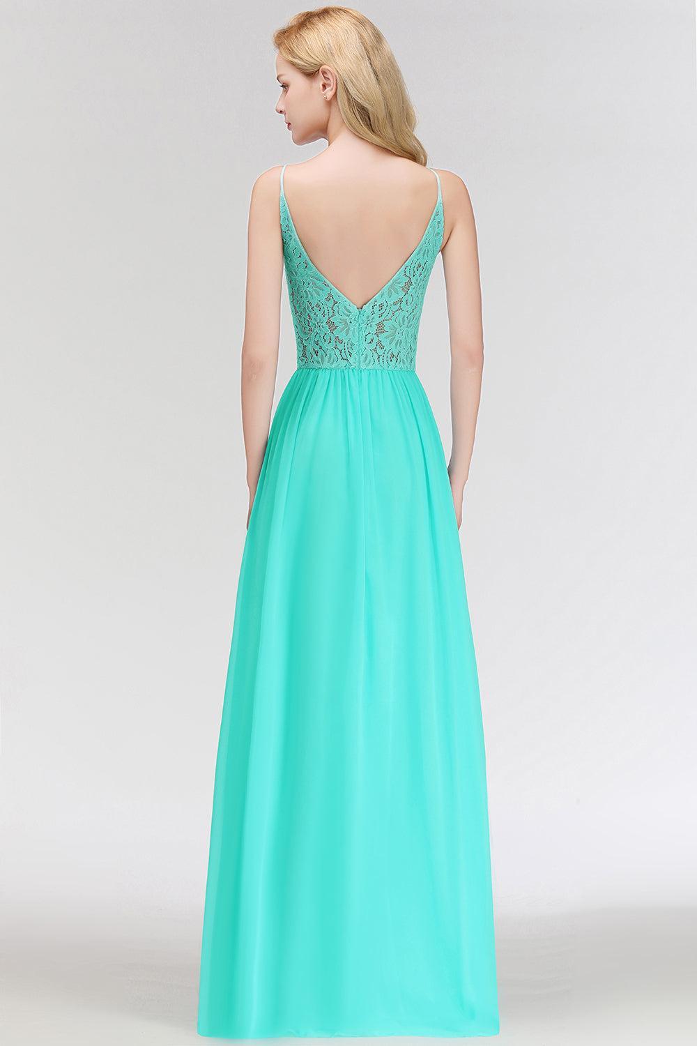Long Lace Halter Floor-Length Bridesmaid Dresses | Sexy Chiffon Open Back Bridesmaid Dress with Keyhole