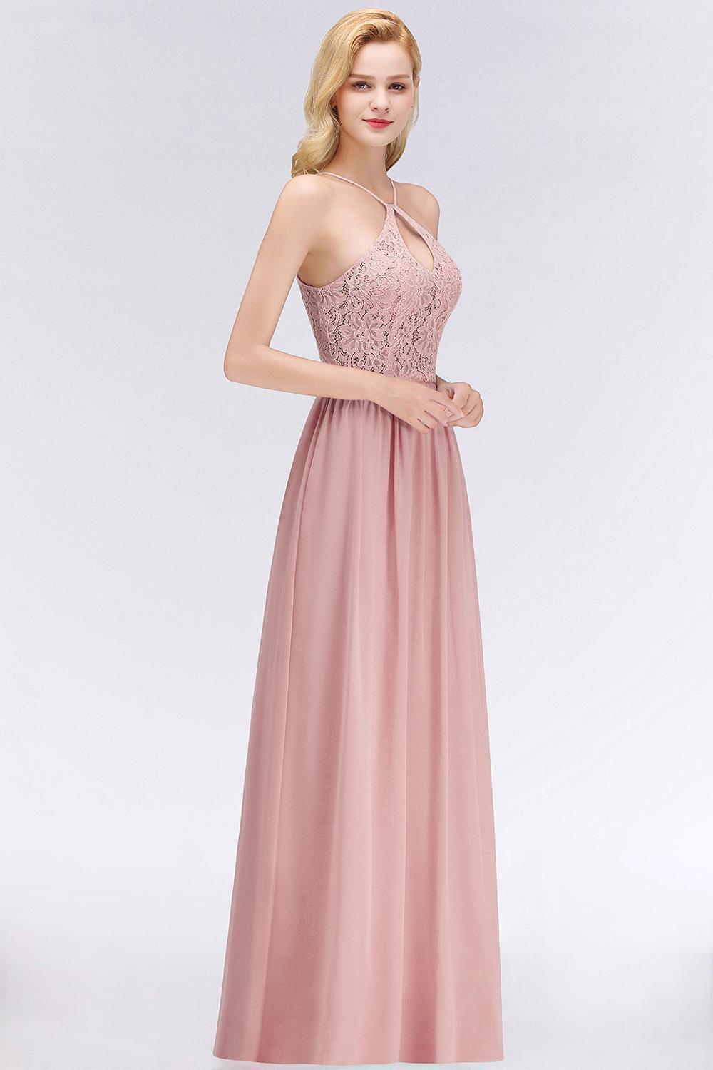 Long Lace Halter Floor-Length Bridesmaid Dresses | Sexy Chiffon Open Back Bridesmaid Dress with Keyhole