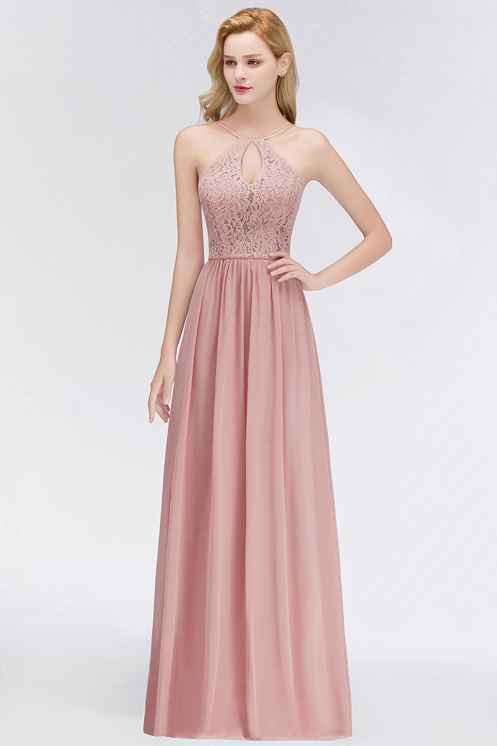 Long Lace Halter Floor-Length Bridesmaid Dresses | Sexy Chiffon Open Back Bridesmaid Dress with Keyhole