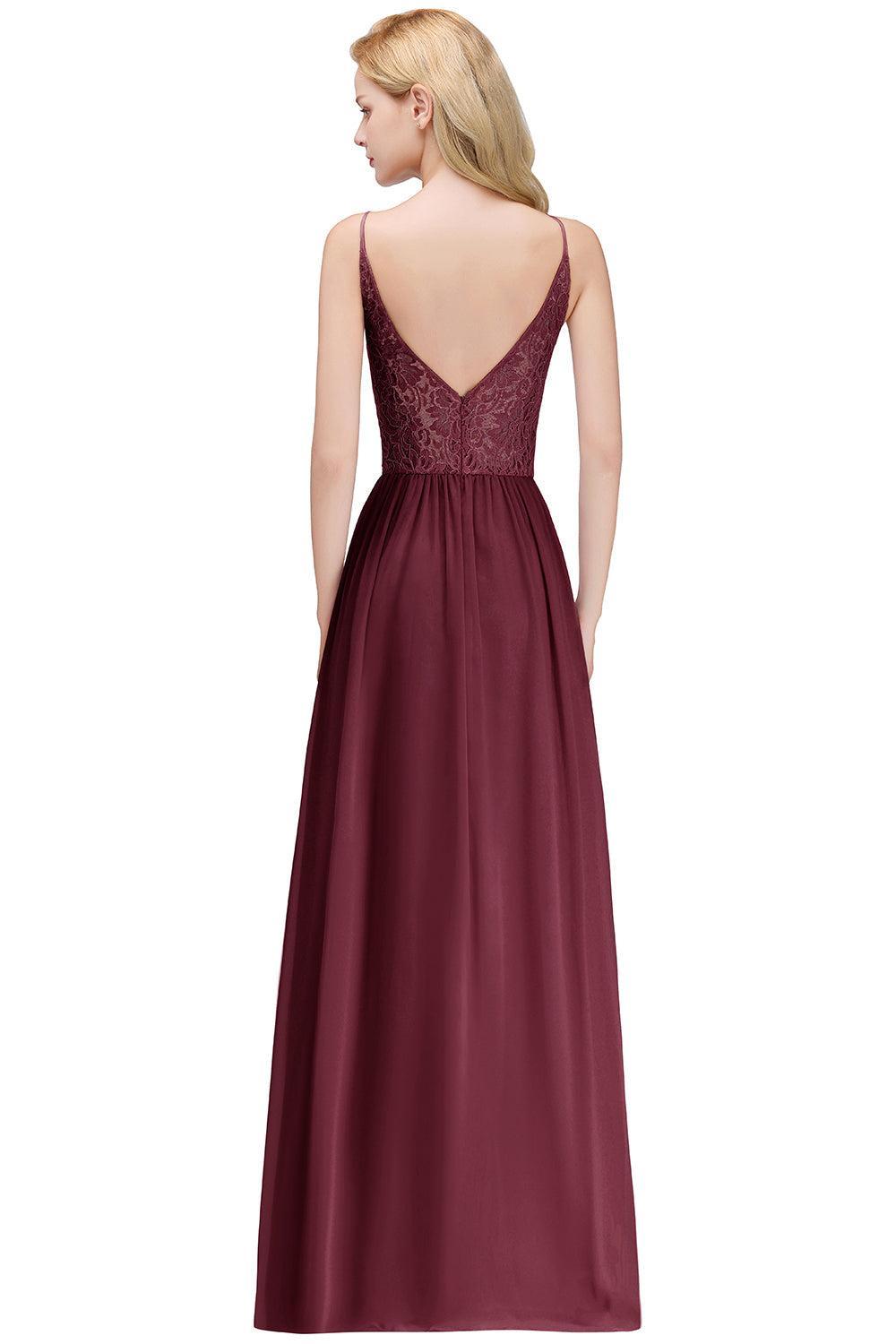 Long Lace Halter Floor-Length Bridesmaid Dresses | Sexy Chiffon Open Back Bridesmaid Dress with Keyhole