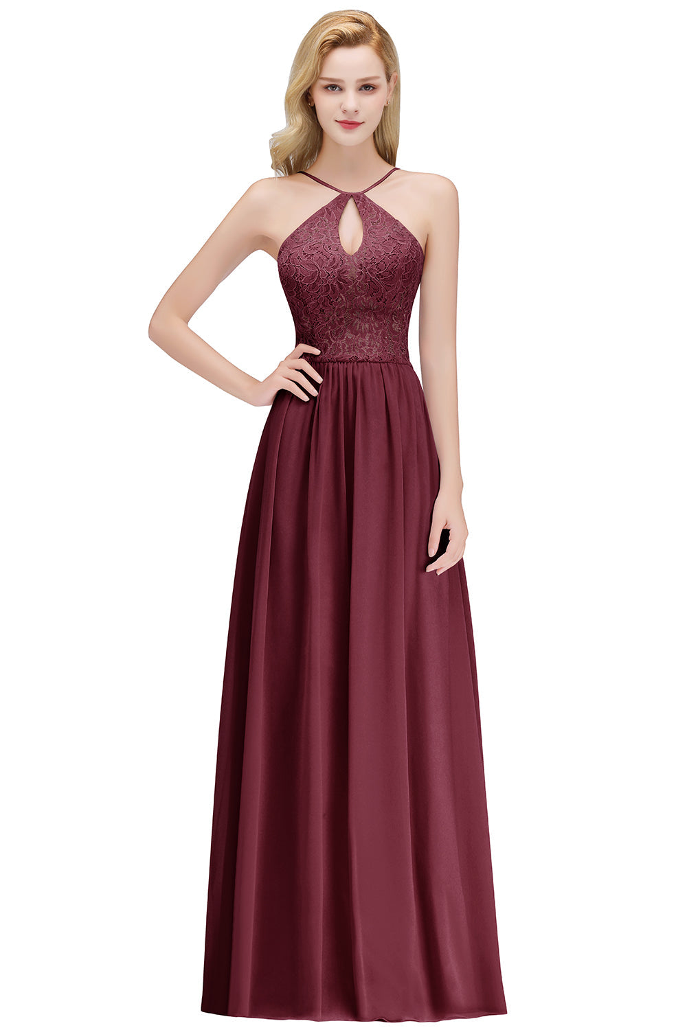 Long Lace Halter Floor-Length Bridesmaid Dresses | Sexy Chiffon Open Back Bridesmaid Dress with Keyhole