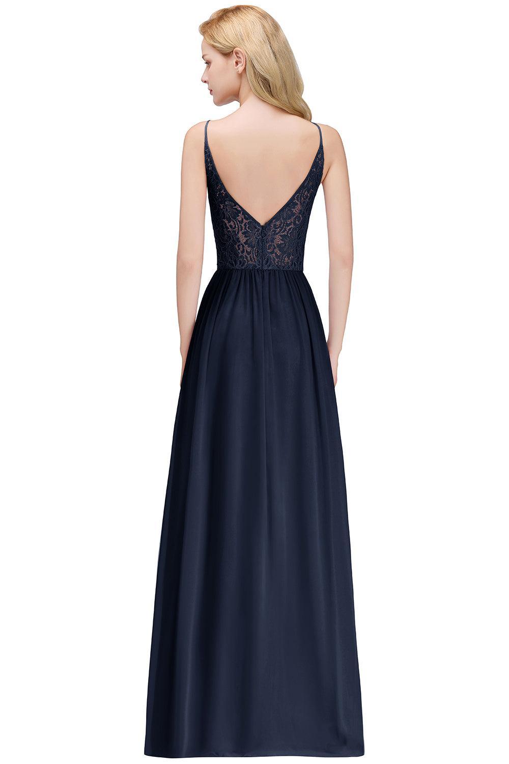 Long Lace Halter Floor-Length Bridesmaid Dresses | Sexy Chiffon Open Back Bridesmaid Dress with Keyhole