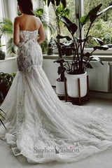 Long Mermaid Beach Wedding Dress Strapless Lace Sequined Bridal Gown With Train