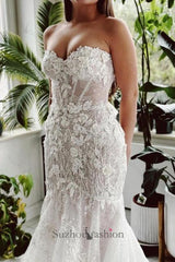 Long Mermaid Beach Wedding Dress Strapless Lace Sequined Bridal Gown With Train