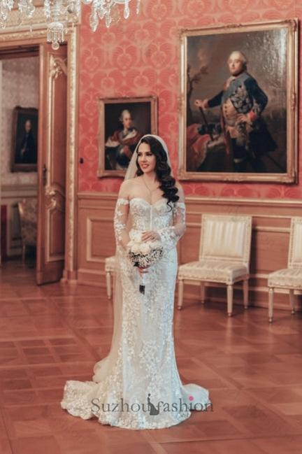 Long Mermaid Wedding Dress Off The Shoulder Lace Bridal Gown With Long Sleeves