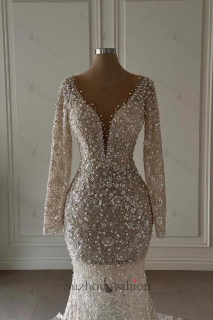 Long Mermaid Wedding Dress V Neck Lace Long Sleeves Bridal Gown With Pearls