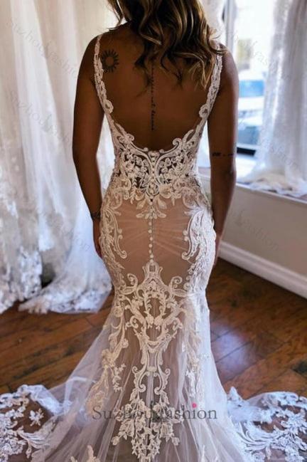 Long Mermaid Wedding Dress V Neck Sleeveless Lace Backless Bridal Gown With Train