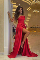 Long One Shoulder Prom Dress Strapless Sleeveless A Line Red Evening Formal Dress With High Split